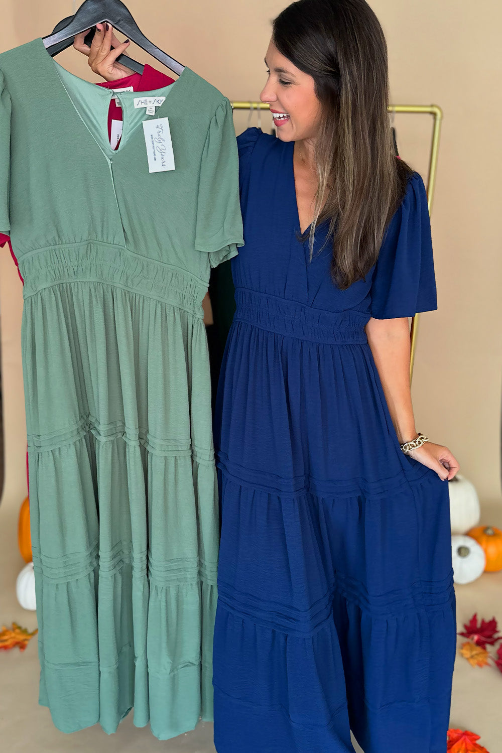 Short Sleeve Tiered Solid Midi Dress Olive