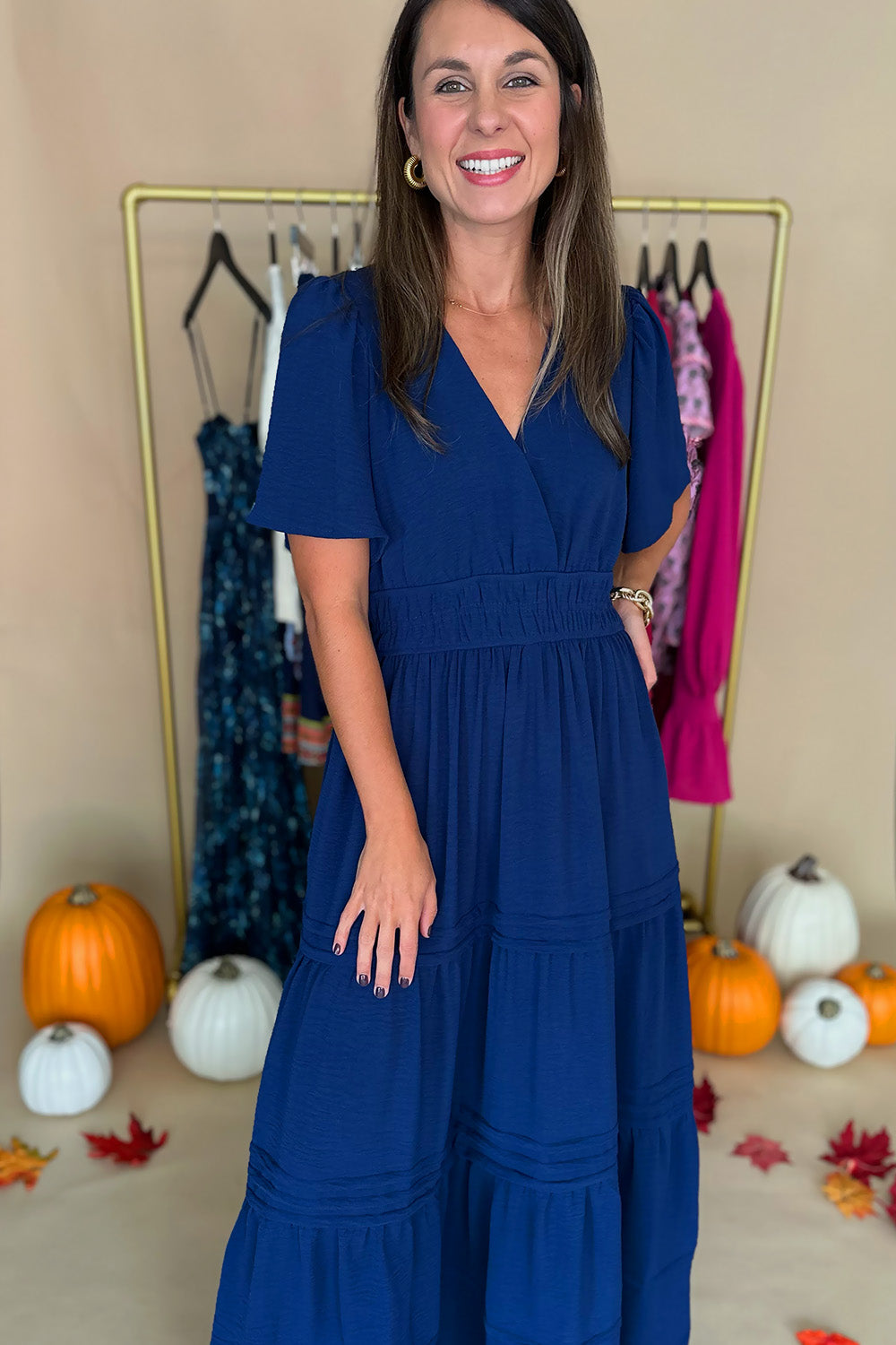 Short Sleeve Tiered Solid Midi Dress Navy