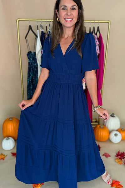 Short Sleeve Tiered Solid Midi Dress Navy