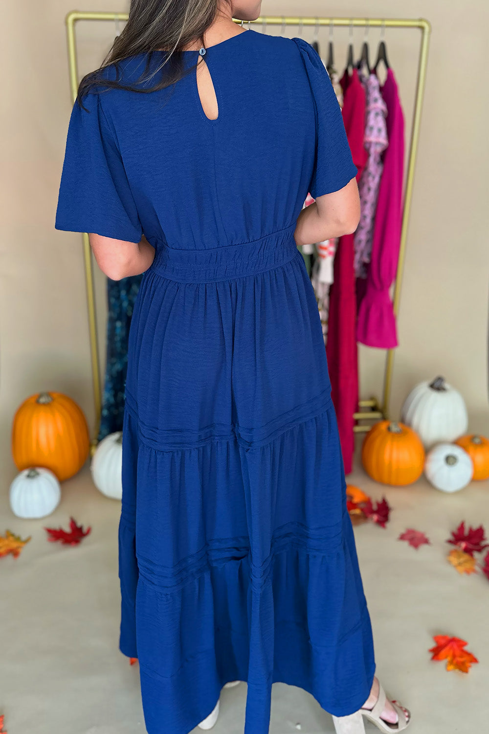 Short Sleeve Tiered Solid Midi Dress Navy