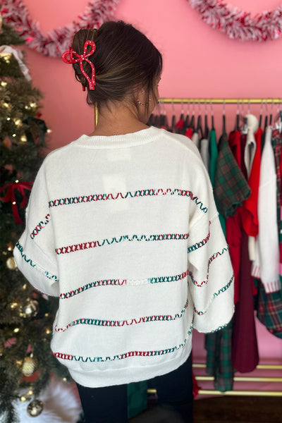 Cream Sweater w Red & Green Stitch Stripes