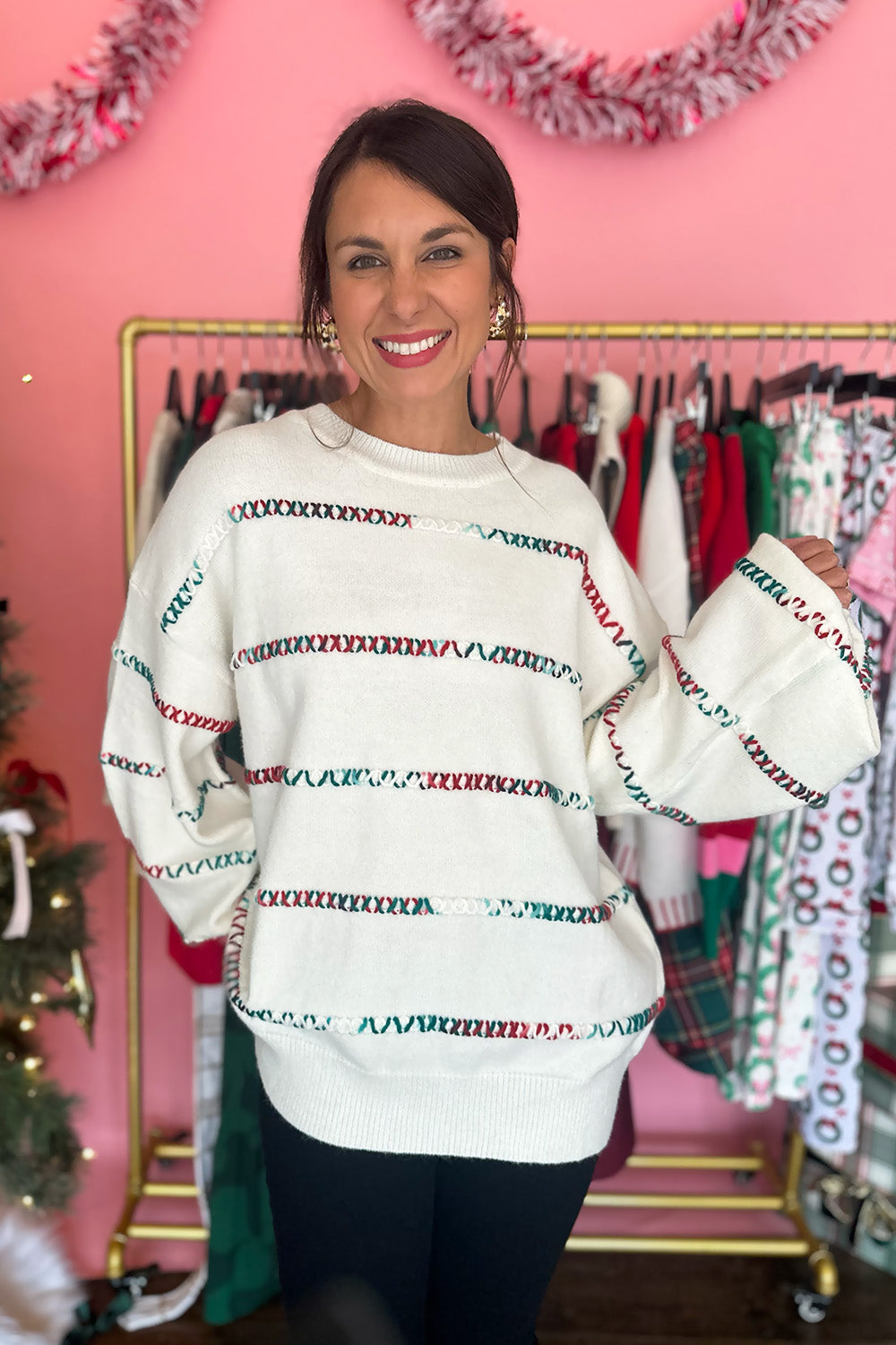 Cream Sweater w Red & Green Stitch Stripes