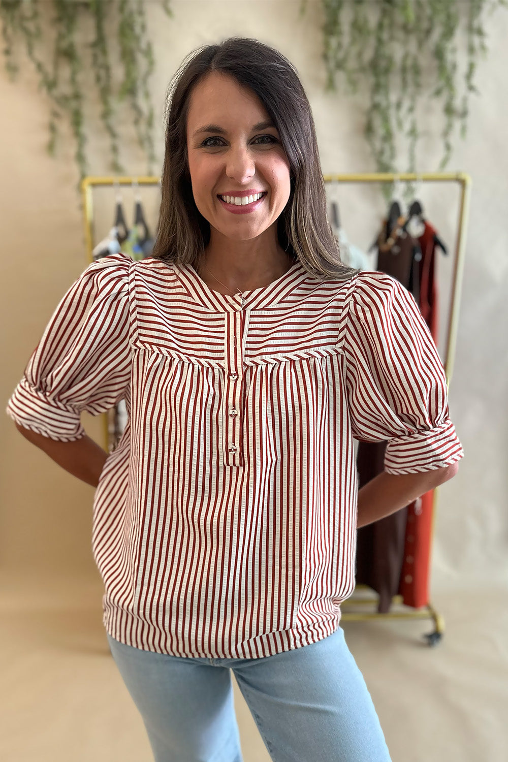 Stripe Button Front Blouse Rust