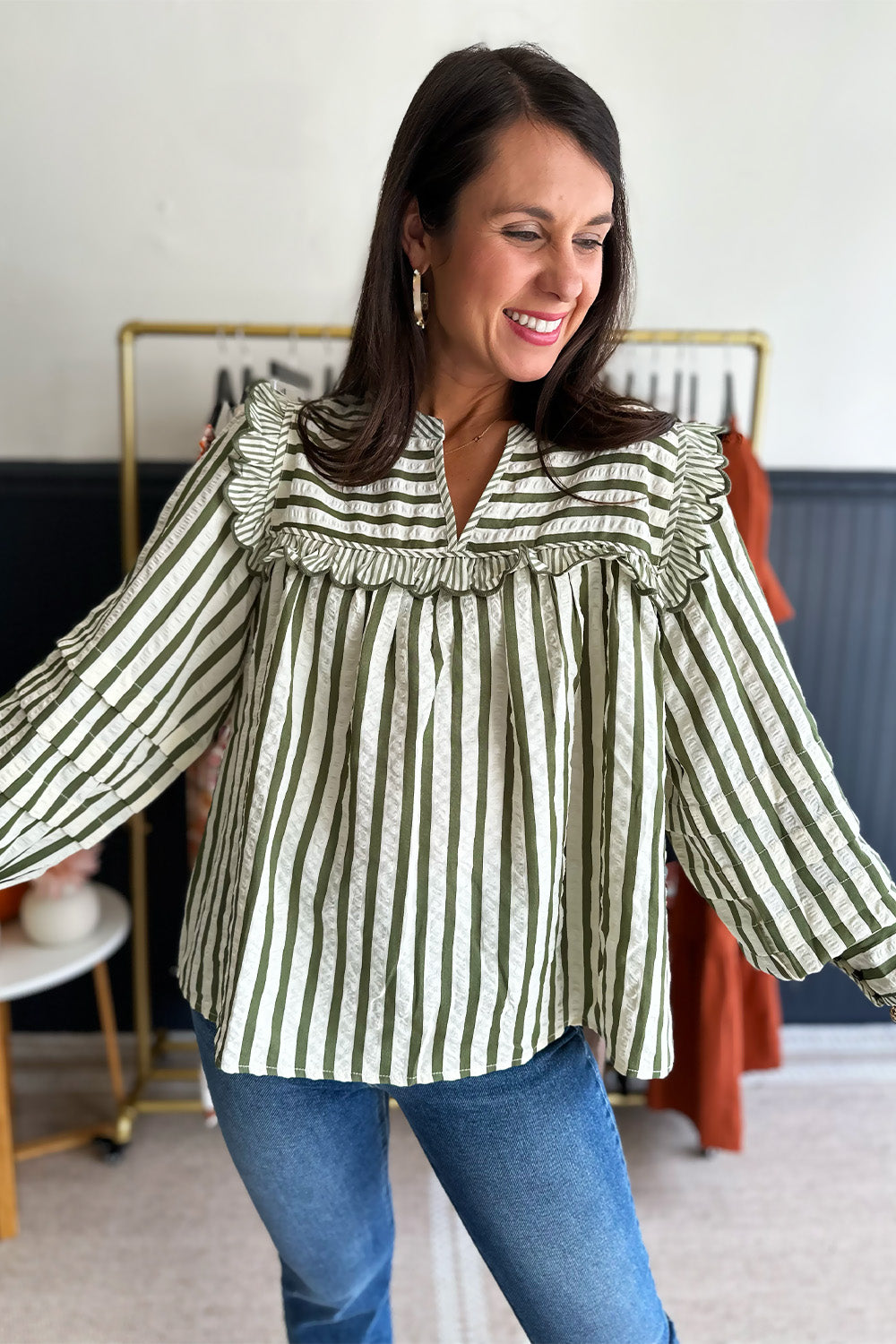 Scalloped Striped Blouse Green