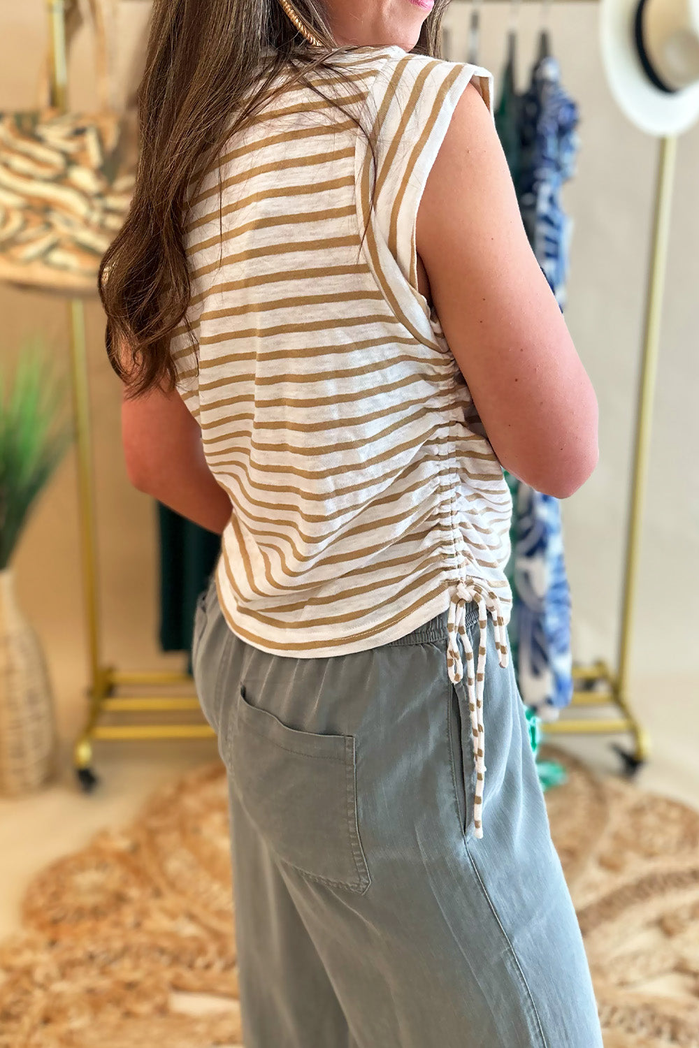 Tan Striped Drawstring Side Top