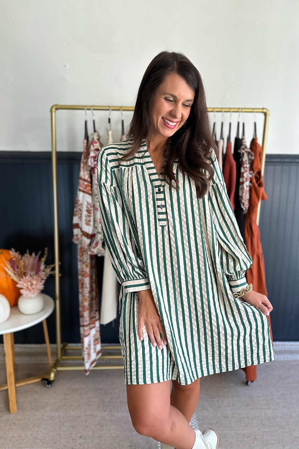 Striped Button Up Dress Green