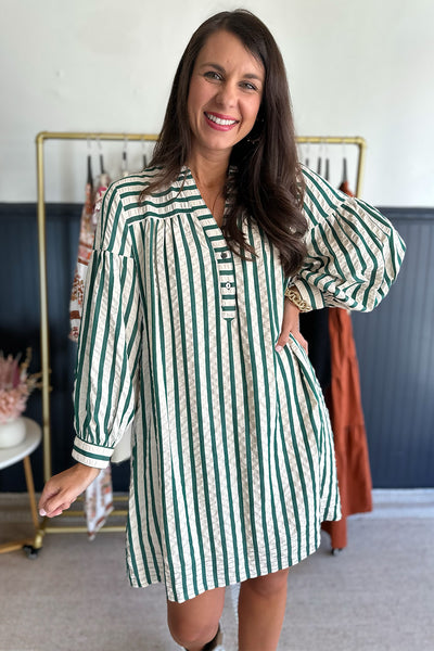 Striped Button Up Dress Green