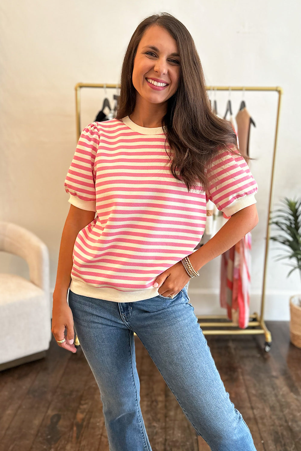 Striped Puff SS Top Pink