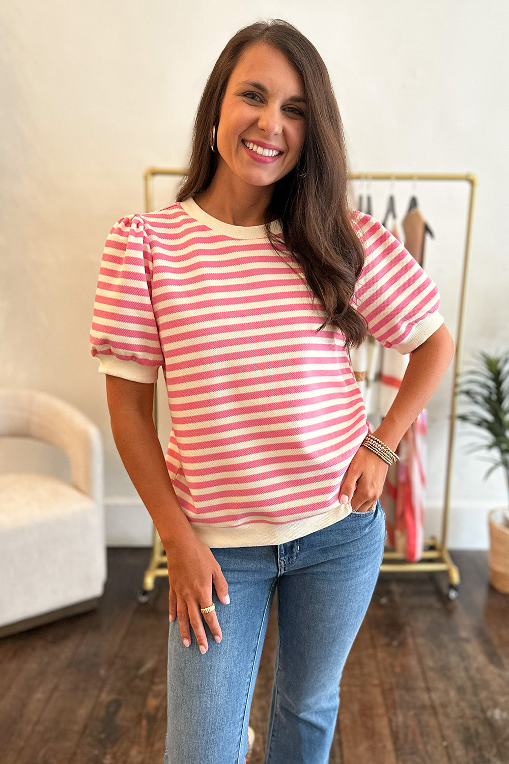 Striped Puff SS Top Pink