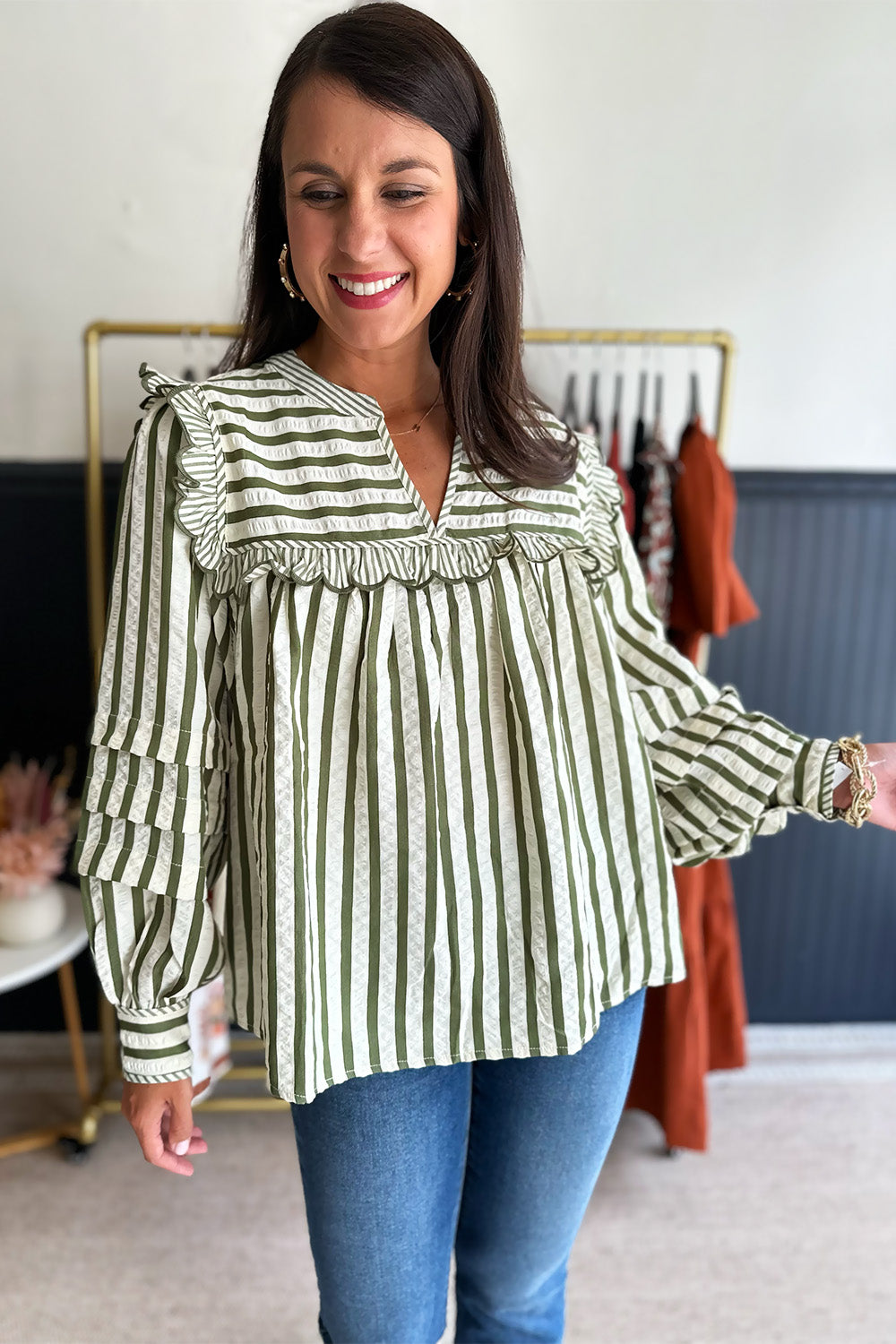 Scalloped Striped Blouse Green