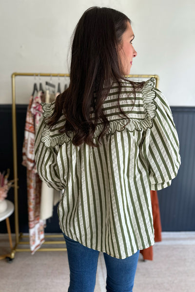 Scalloped Striped Blouse Green