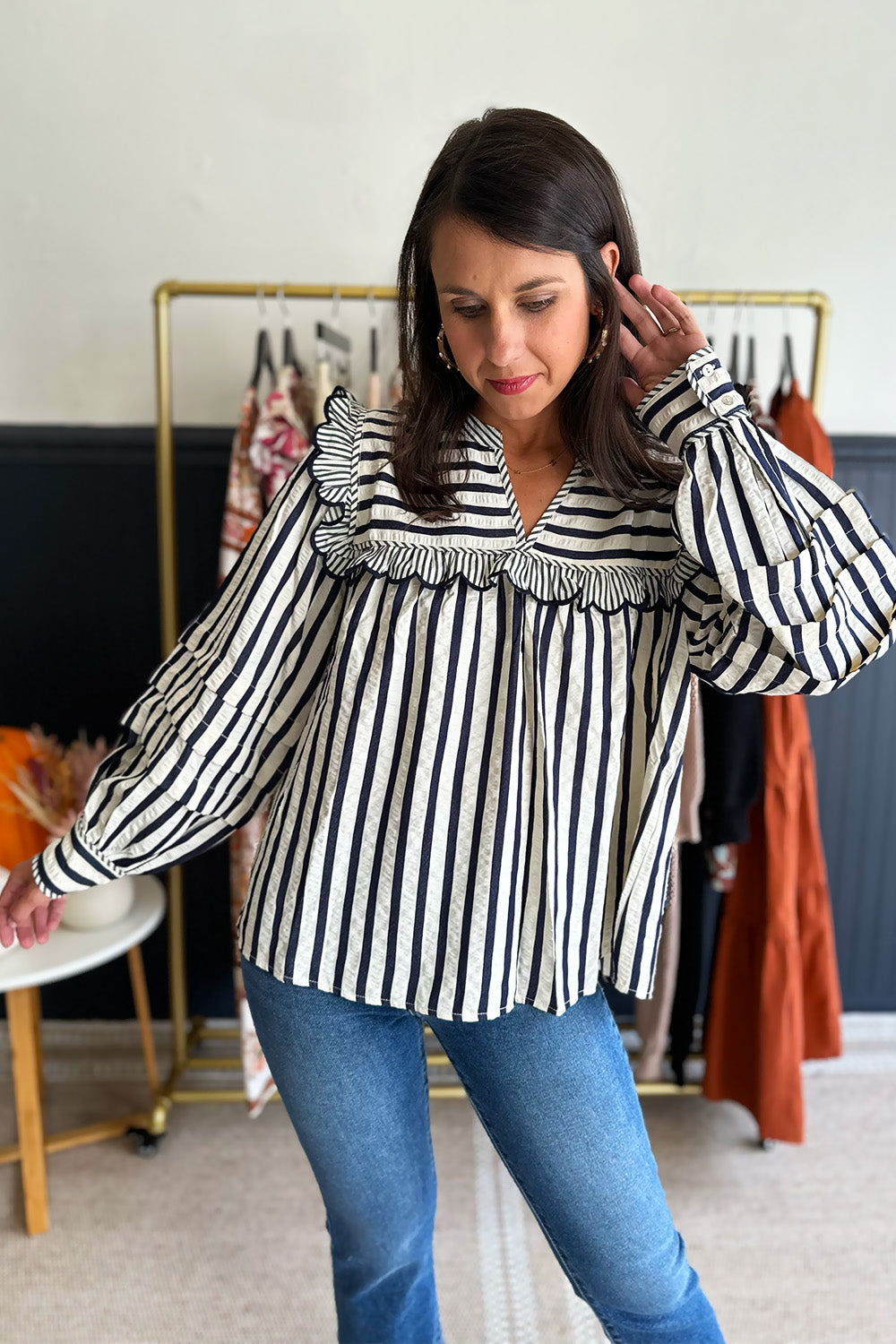 Scalloped Striped Blouse Navy