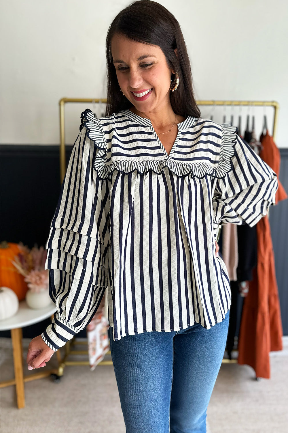 Scalloped Striped Blouse Navy