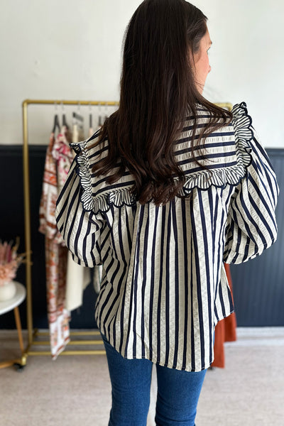 Scalloped Striped Blouse Navy