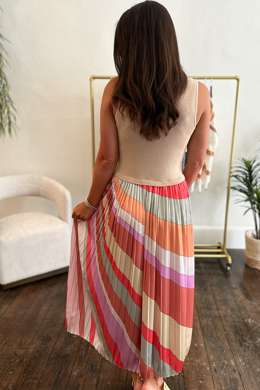 Tan and Multi Striped Pleated Bottom Midi