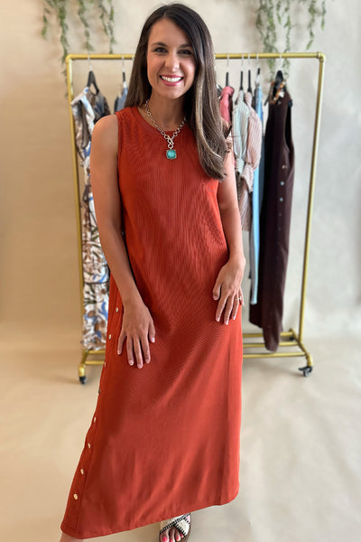 Gold Studded Sleeveless Midi Dress Rust