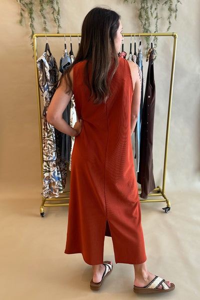 Gold Studded Sleeveless Midi Dress Rust