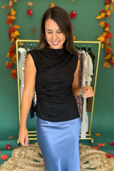 Suede Mock Neck Draped Top Black