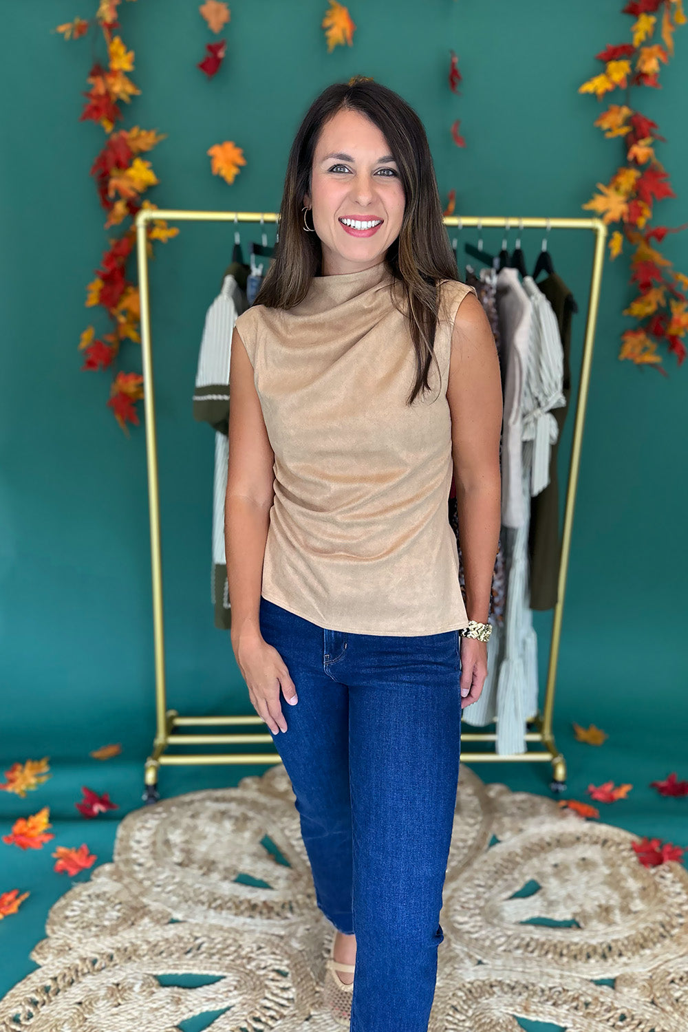 Suede Mock Neck Draped Top Camel