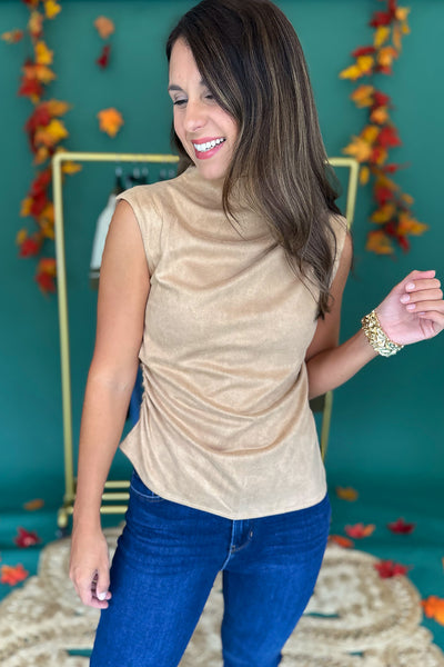 Suede Mock Neck Draped Top Camel