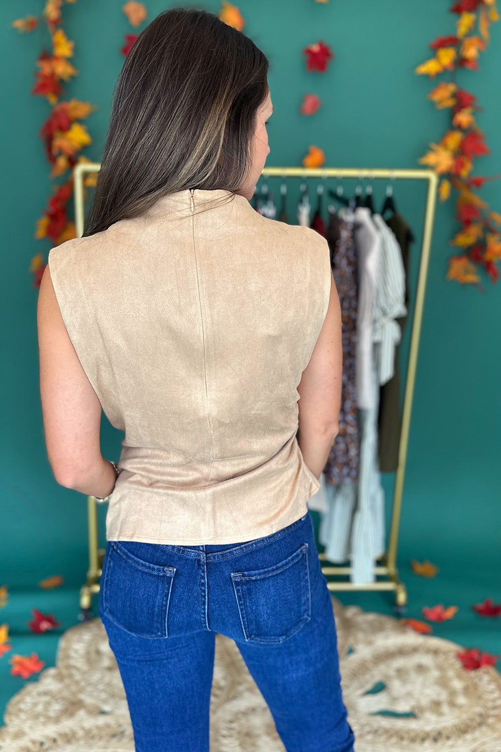 Suede Mock Neck Draped Top Camel