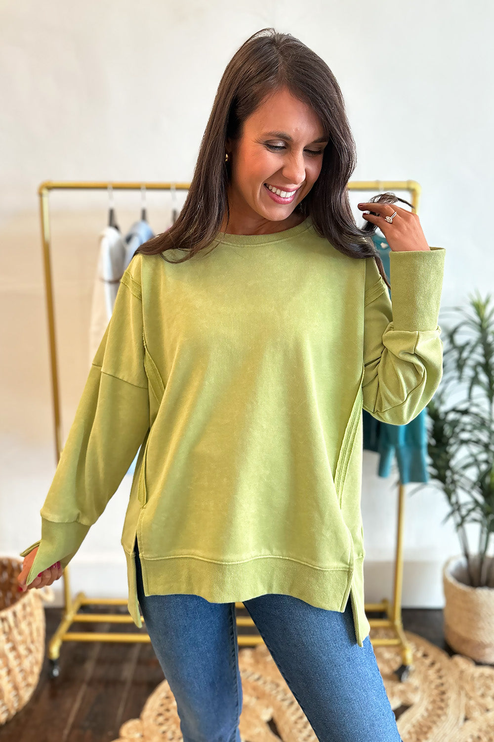 Raw Seam Split Hem LS Top Lime