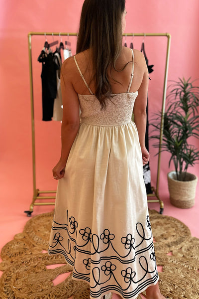 Ecru Linen Black Embroidered Midi Dress