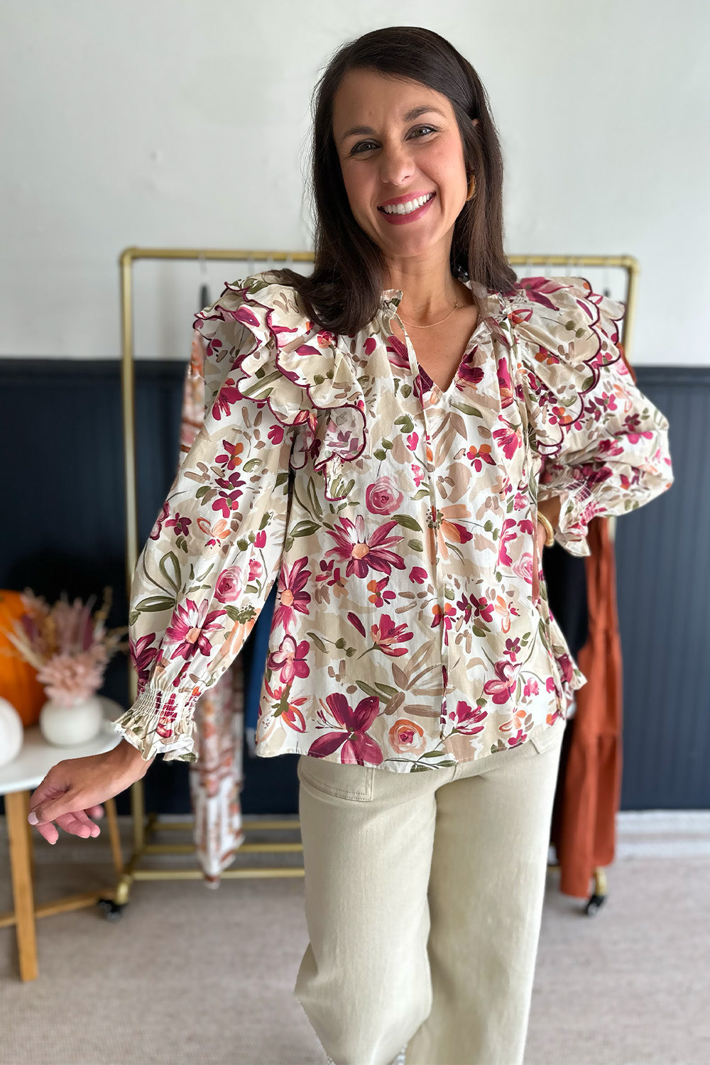 Tan and Berry Floral Scallop Blouse