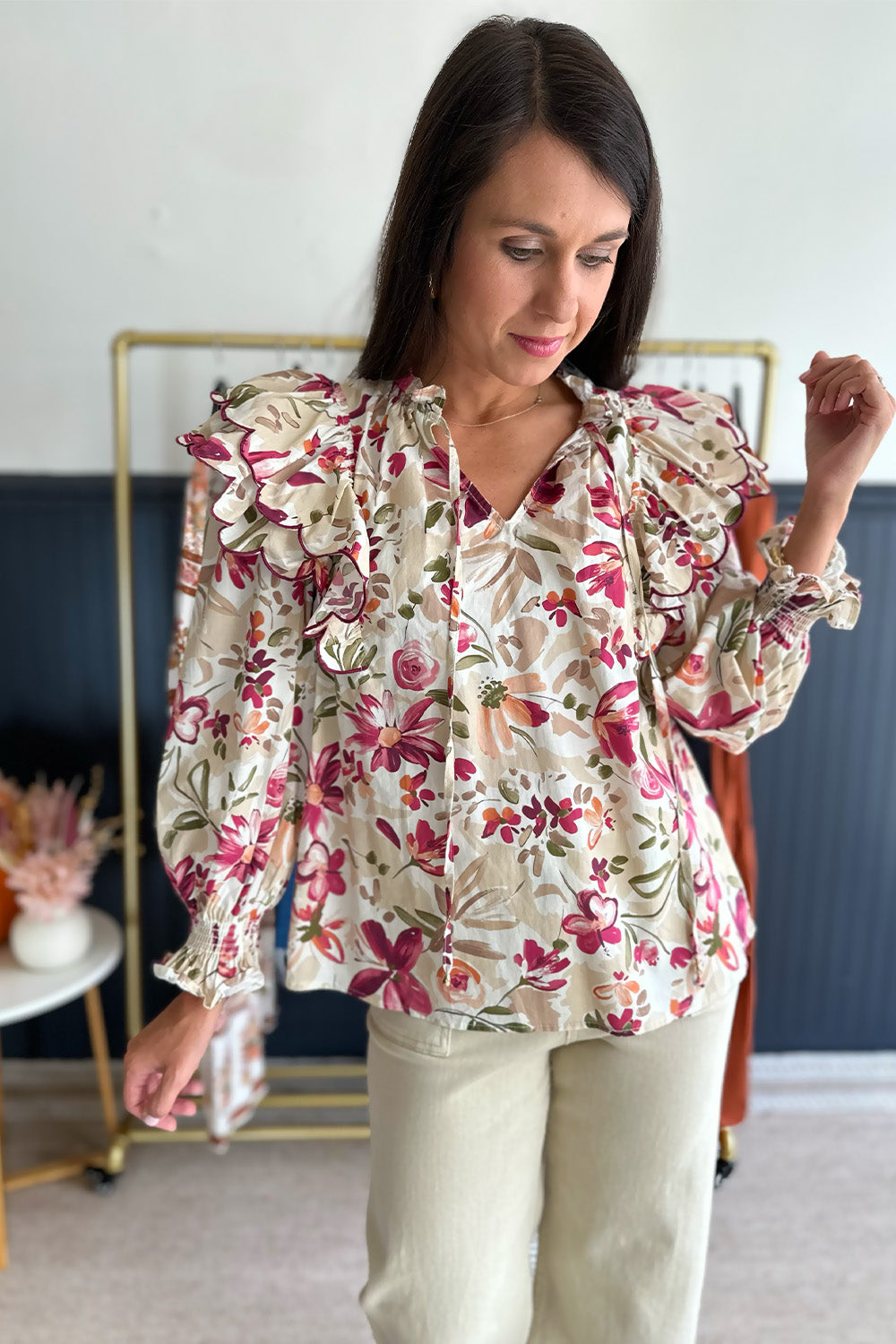 Tan and Berry Floral Scallop Blouse