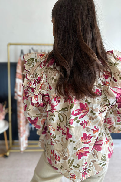 Tan and Berry Floral Scallop Blouse