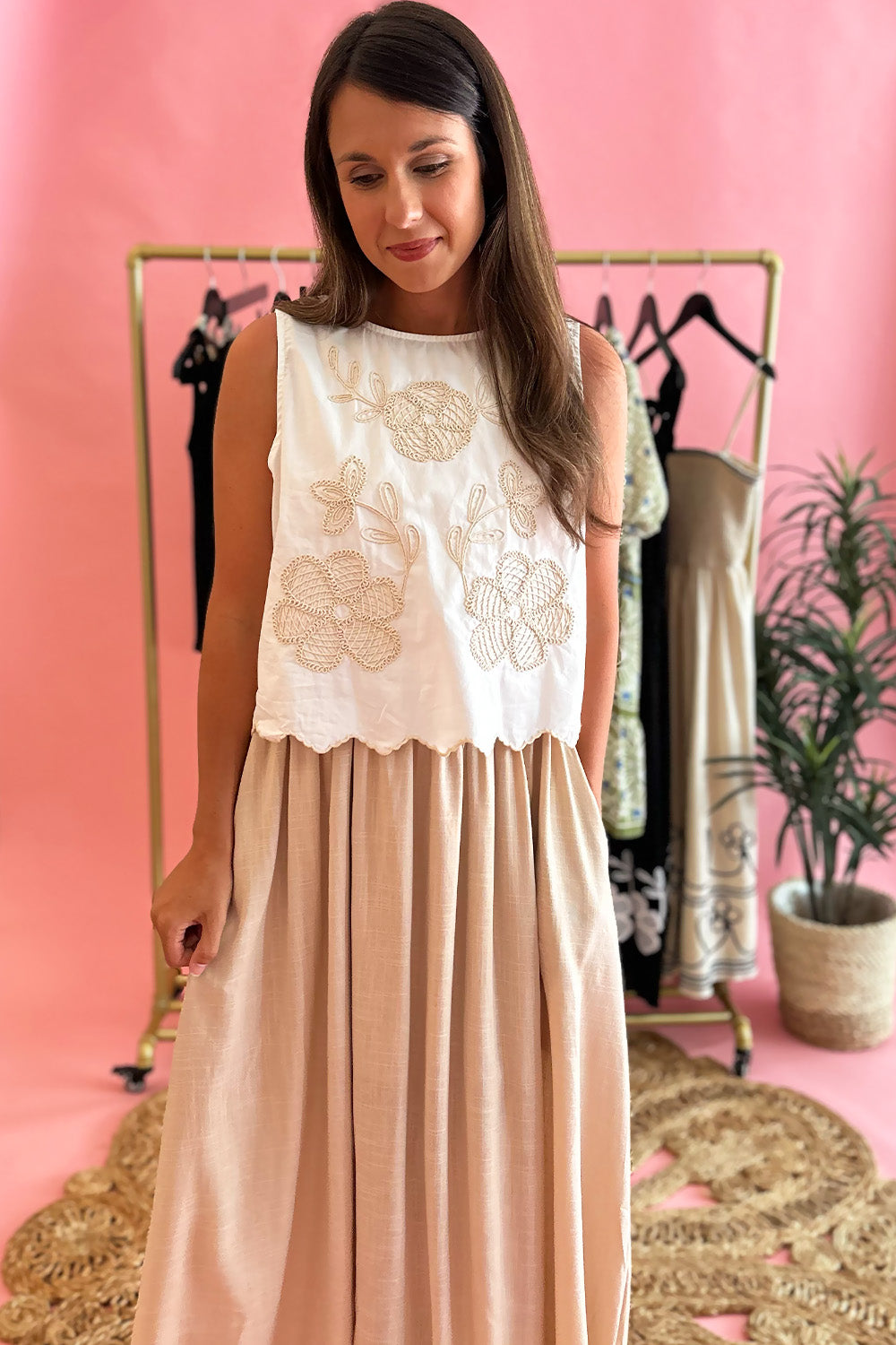 Tan and White Embroidered Linen Dress