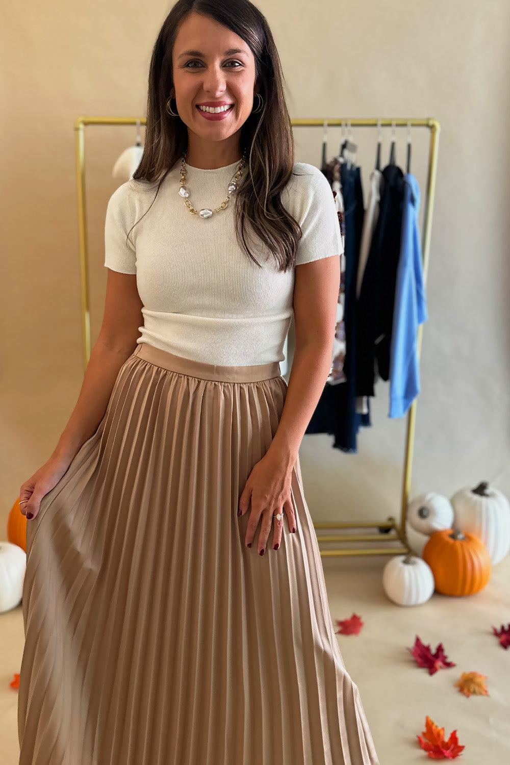Tan Accordian Pleat Midi Skirt