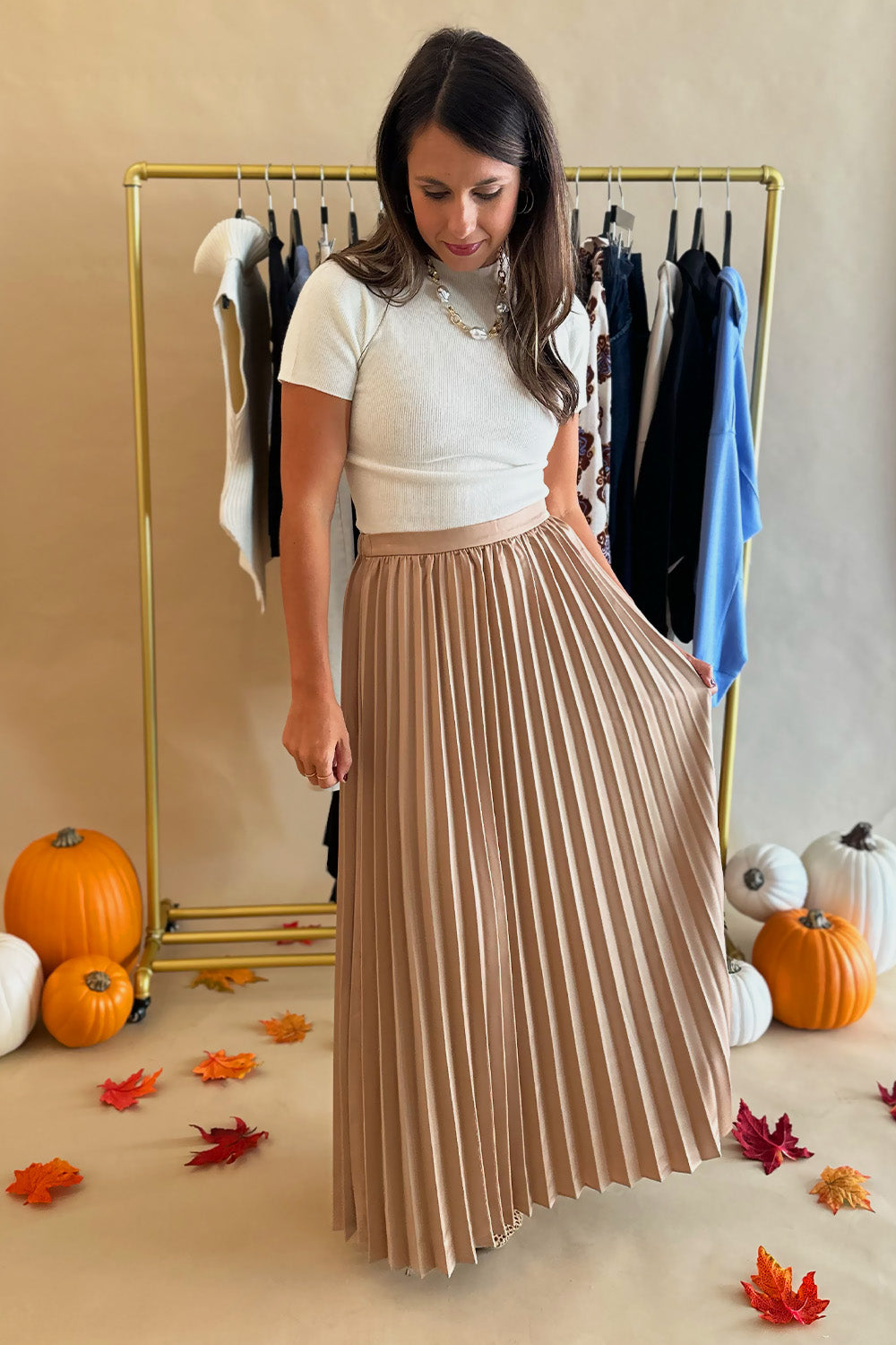 Tan Accordian Pleat Midi Skirt