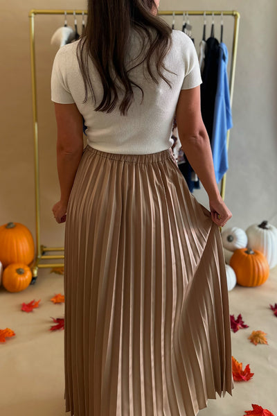 Tan Accordian Pleat Midi Skirt