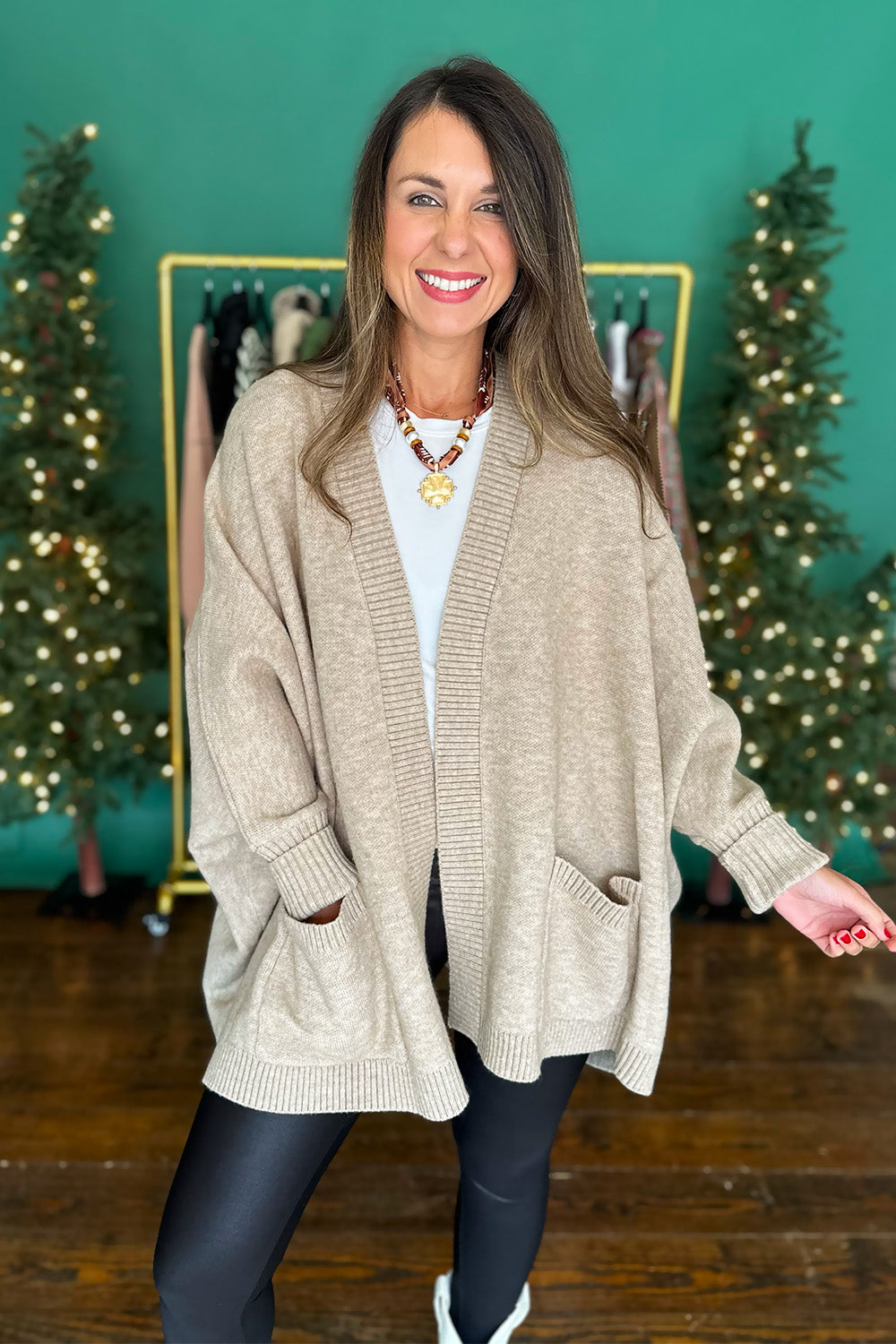 Tan Dolman Sleeve Open Front Cardigan