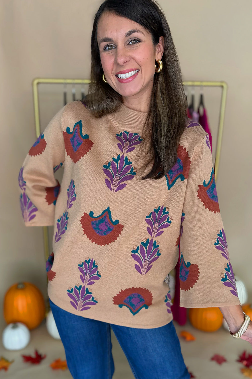 Tan Purple Rust Wide Sleeve Sweater