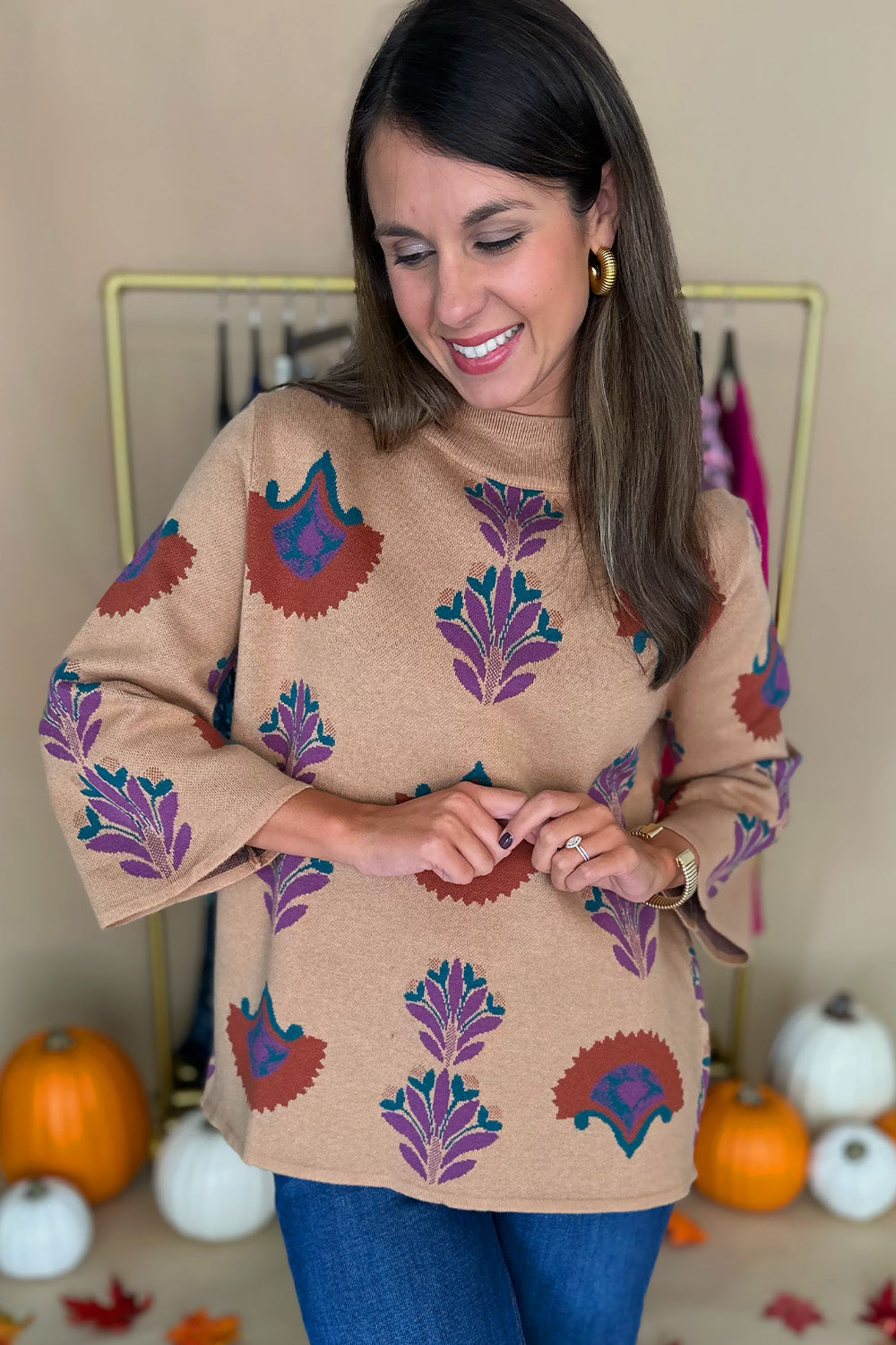 Tan Purple Rust Wide Sleeve Sweater