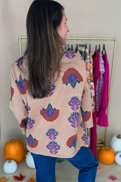 Tan Purple Rust Wide Sleeve Sweater