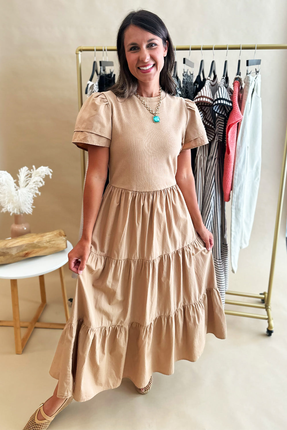 Tan Short Sleeve Tiered Skirt Midi Dress