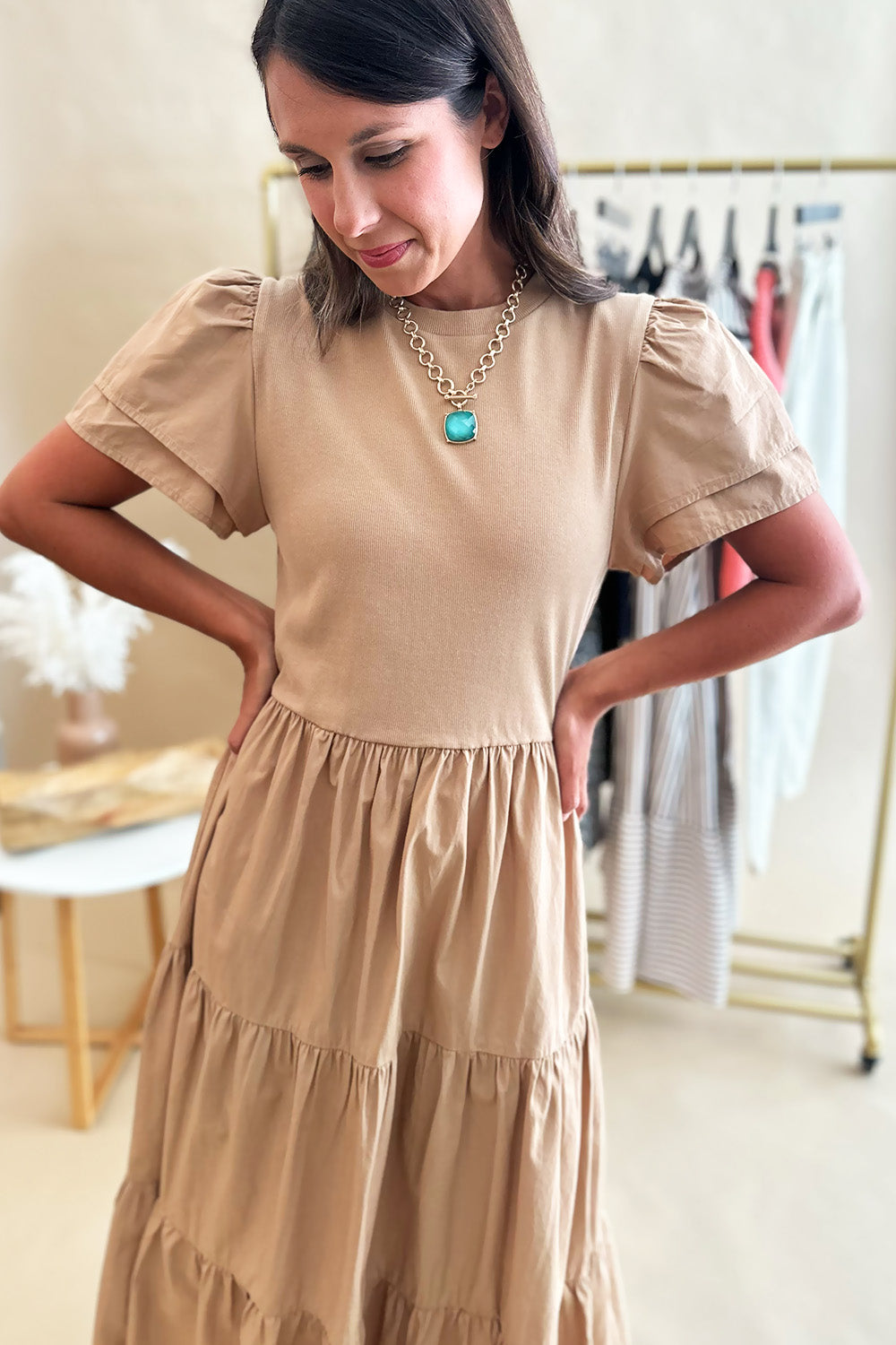 Tan Short Sleeve Tiered Skirt Midi Dress