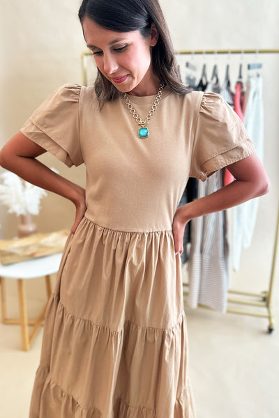 Tan Short Sleeve Tiered Skirt Midi Dress