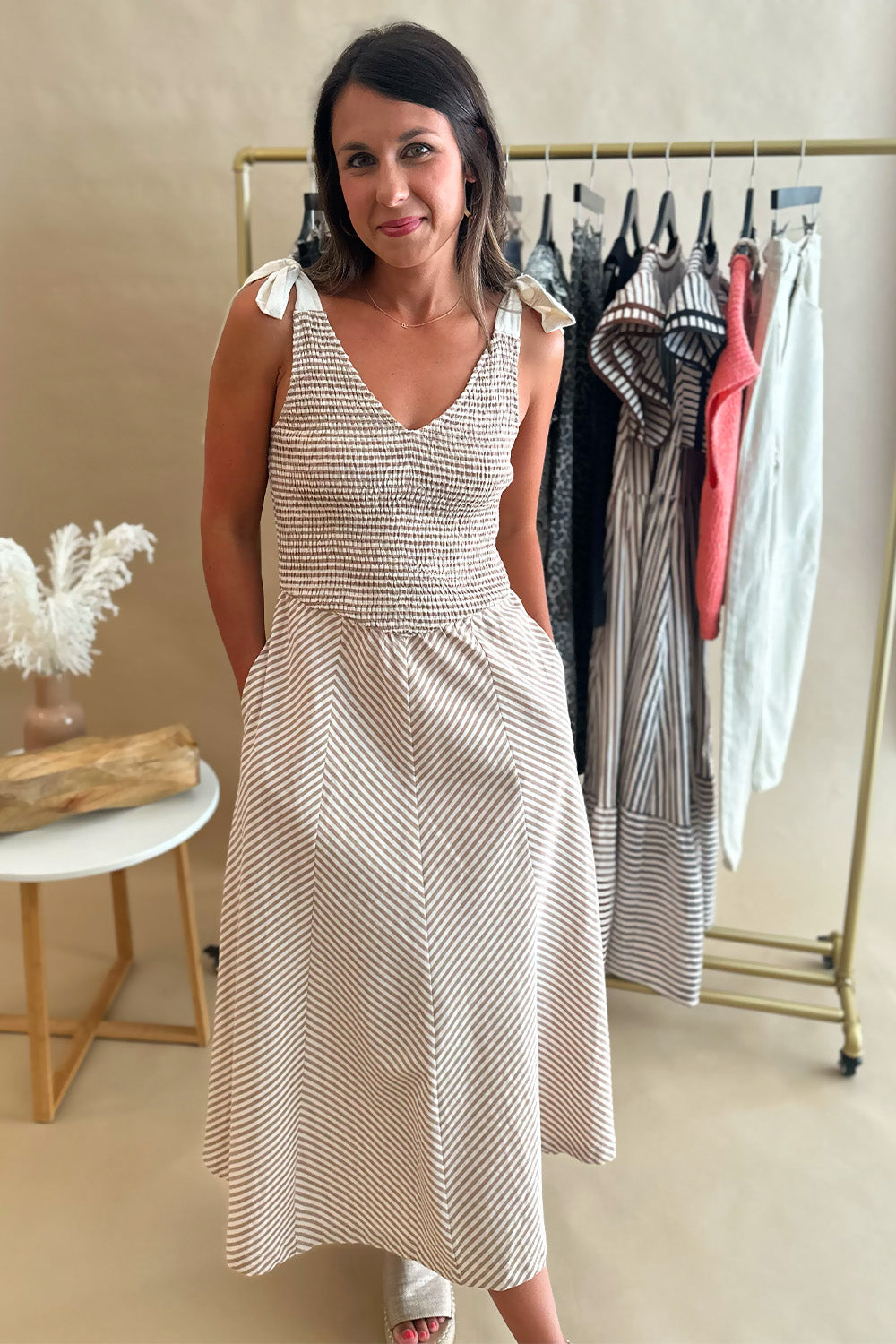 Taupe Stripe Tie Strap Dress
