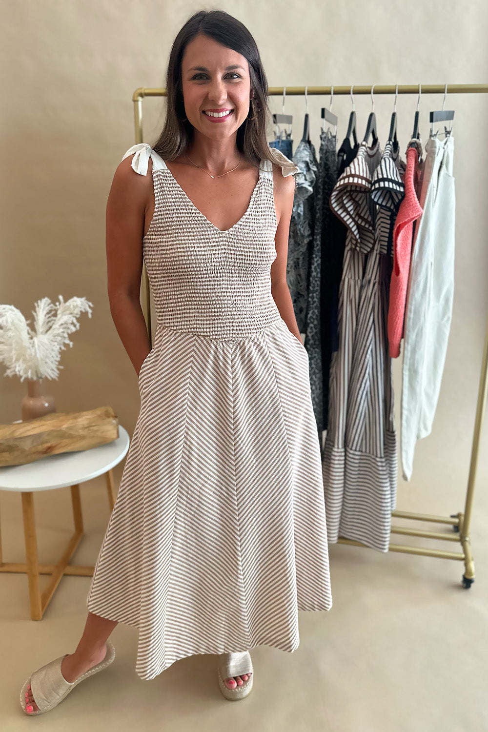 Taupe Stripe Tie Strap Dress
