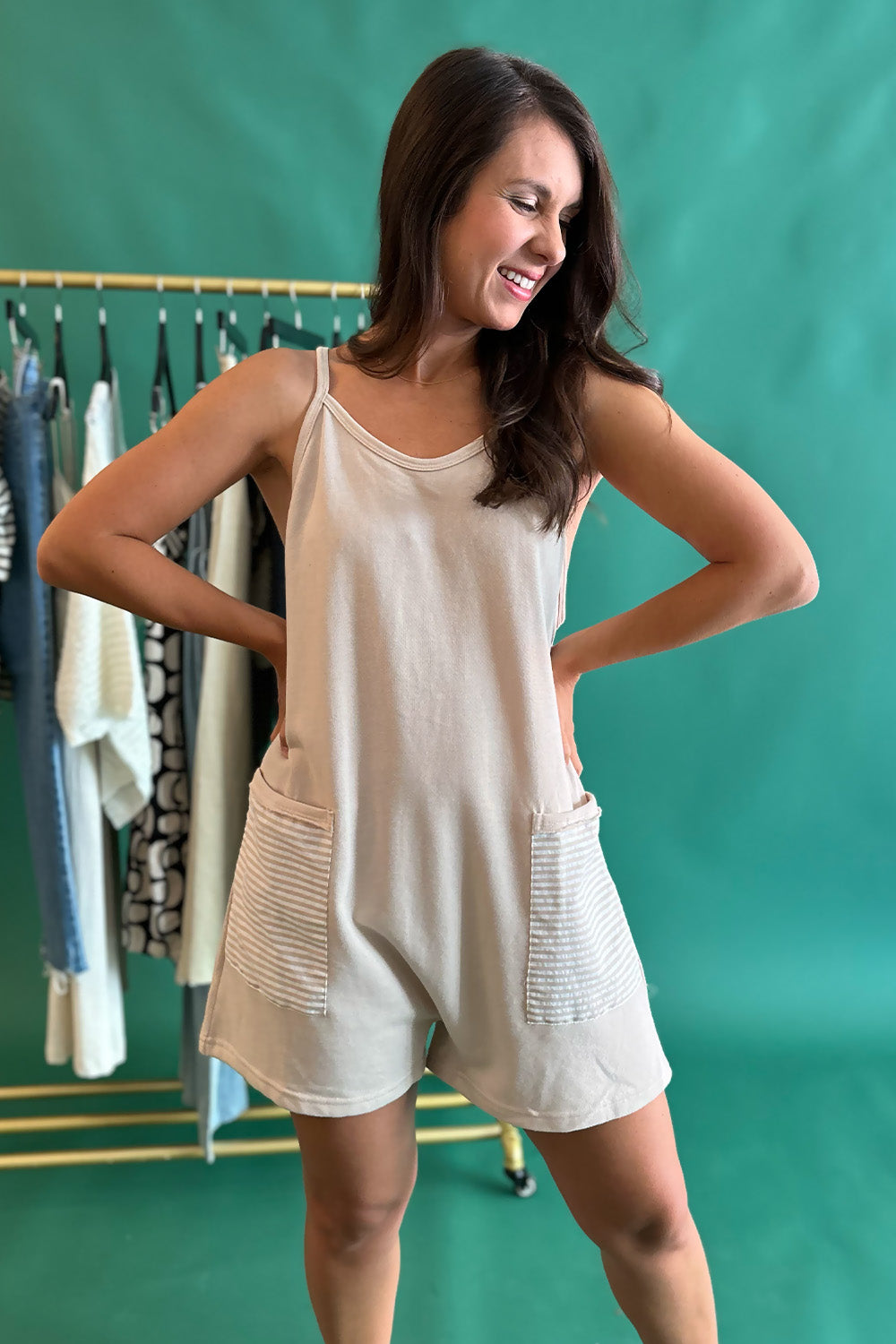 Stripe Pocket Beige Romper