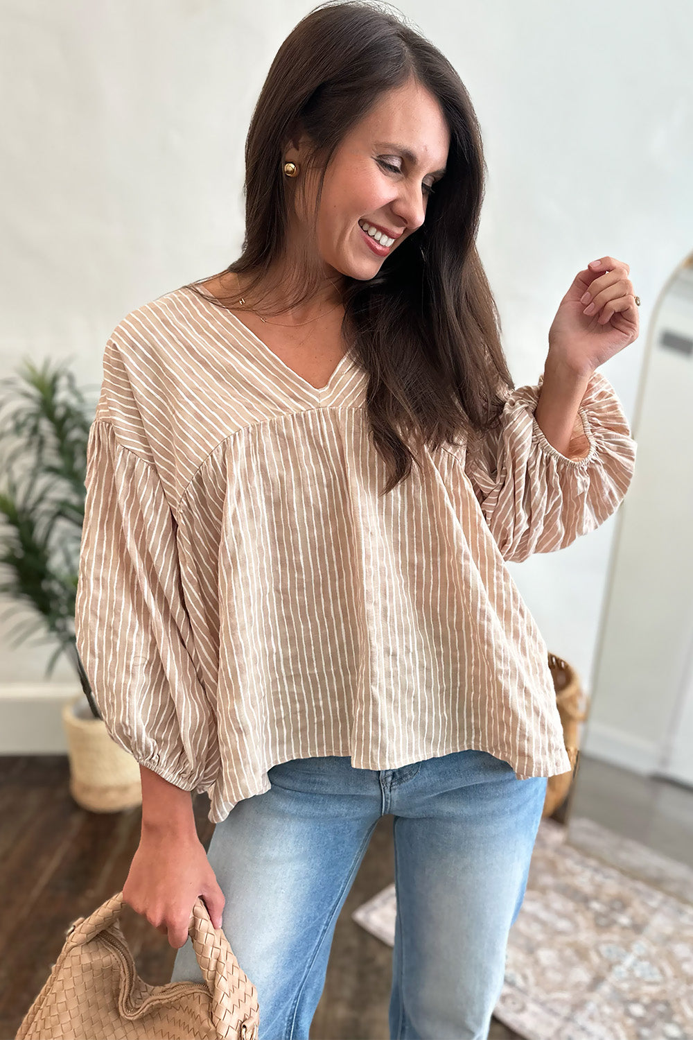 Taupe and Cream Stripe Baby Doll Top