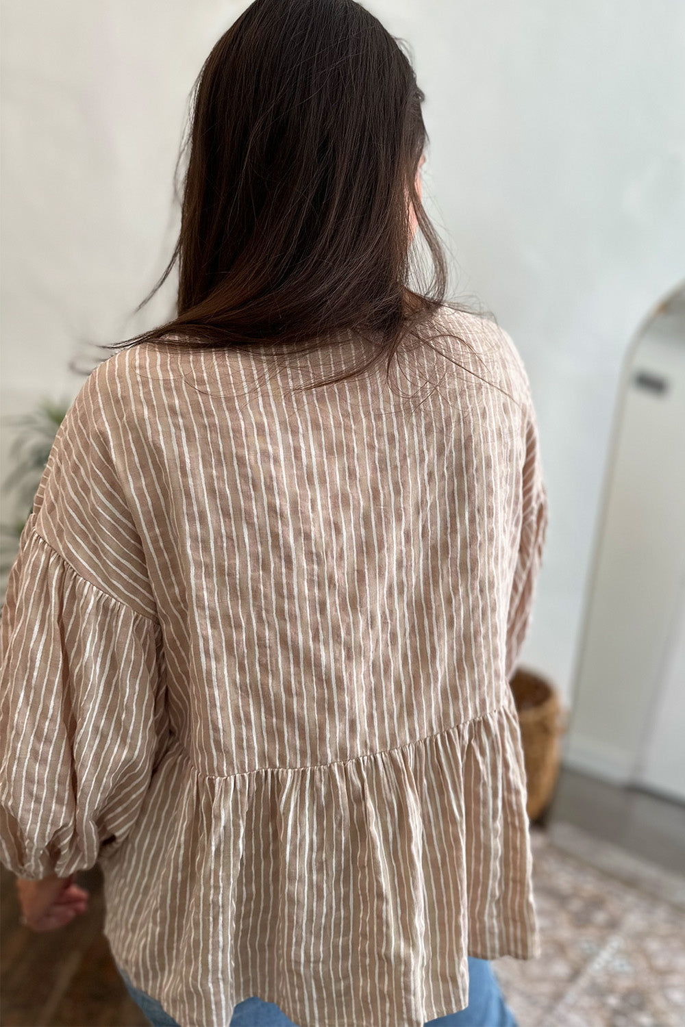 Taupe and Cream Stripe Baby Doll Top