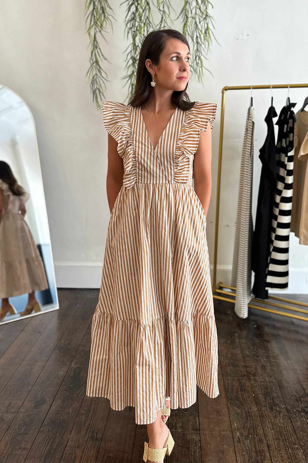 Taupe Stripe Vneck Ruffle Midi