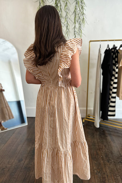 Taupe Stripe Vneck Ruffle Midi