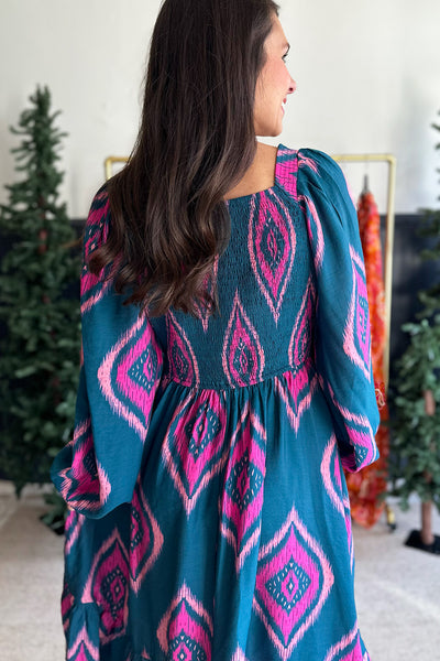 Teal and Pink Printed Midi Dress