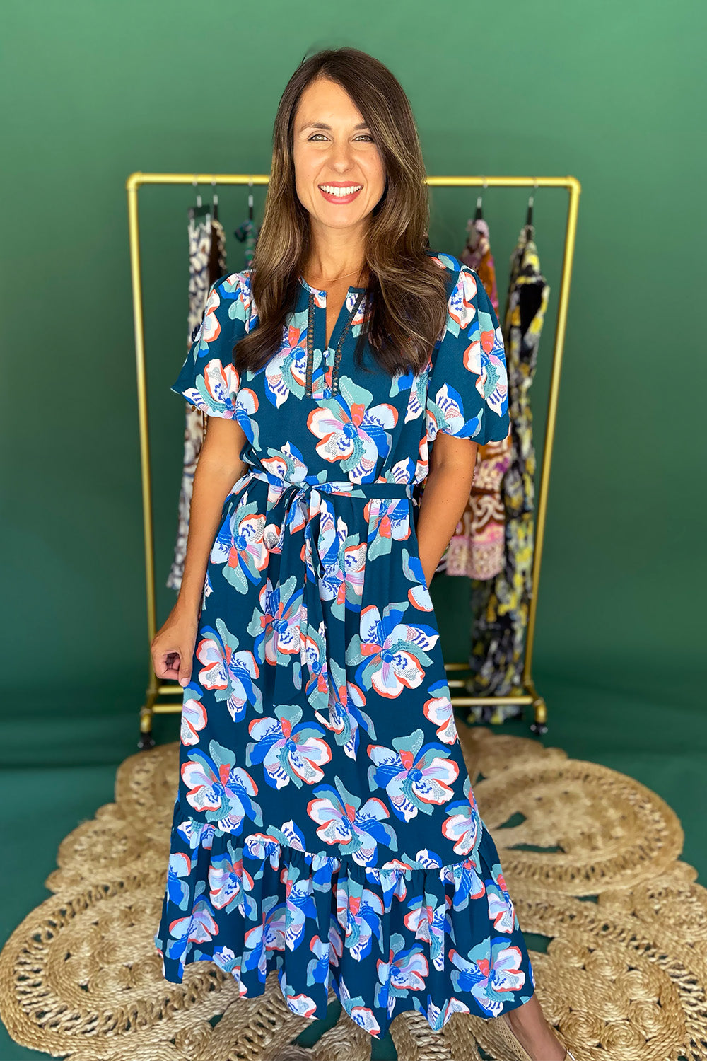 Green, Blue, Coral Tie Waist Midi Dress